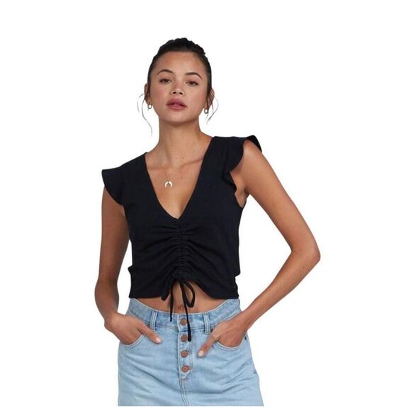 Roxy Flirty Vibe Flutter Sleeve Black Top Size XS New - Picture 1 of 7